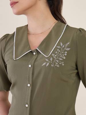 olive green embroidered puff sleeve button-down shirt 5