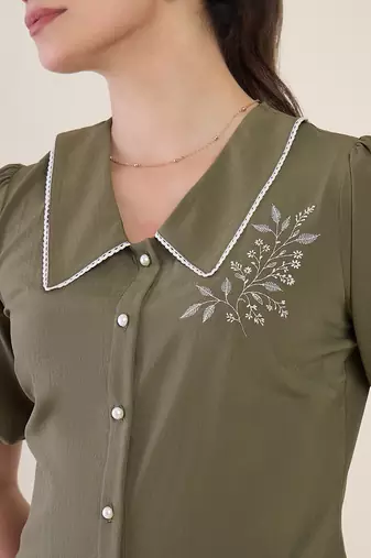 olive green embroidered puff sleeve button-down shirt