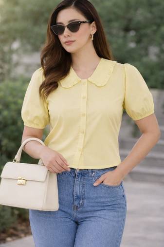 Women’s yellow solid top with ruffle peter pan collar & puff sleeves | stylish casual & party wear blouse