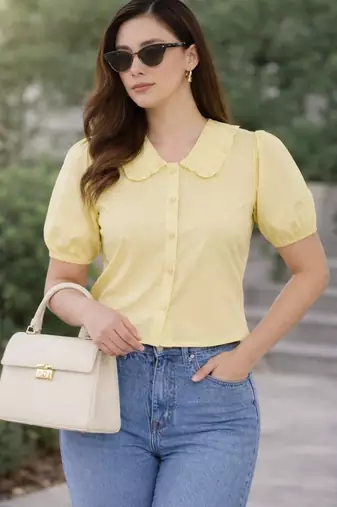 Women’s yellow solid top with ruffle peter pan collar & puff sleeves | stylish casual & party wear blouse