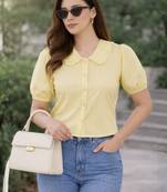 Women’s yellow solid top with ruffle peter pan collar & puff sleeves | stylish casual & party wear blouse