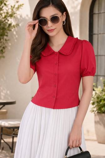 Women’s pink solid top with ruffle peter pan collar & puff sleeves | stylish casual & party wear blouse