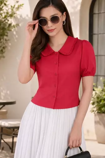 Women’s pink solid top with ruffle peter pan collar & puff sleeves | stylish casual & party wear blouse
