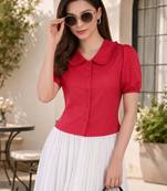 Women’s pink solid top with ruffle peter pan collar & puff sleeves | stylish casual & party wear blouse