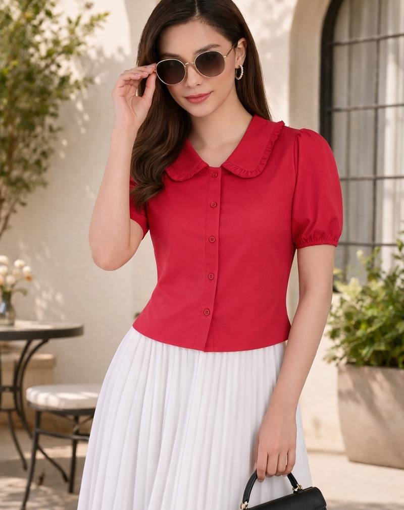 Women’s pink solid top with ruffle peter pan collar & puff sleeves | stylish casual & party wear blouse