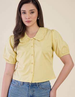 Women’s yellow solid top with ruffle peter pan collar & puff sleeves | stylish casual & party wear blouse 2