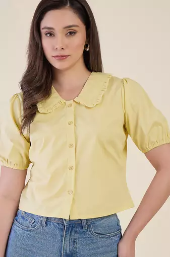 Women’s yellow solid top with ruffle peter pan collar & puff sleeves | stylish casual & party wear blouse