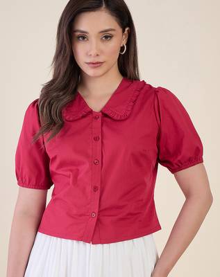 Women’s pink solid top with ruffle peter pan collar & puff sleeves | stylish casual & party wear blouse 2