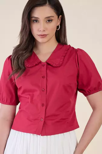 Women’s pink solid top with ruffle peter pan collar & puff sleeves | stylish casual & party wear blouse
