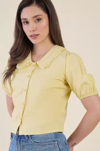 Women’s yellow solid top with ruffle peter pan collar & puff sleeves | stylish casual & party wear blouse