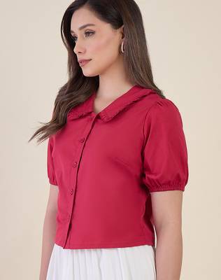 Women’s pink solid top with ruffle peter pan collar & puff sleeves | stylish casual & party wear blouse 3