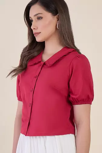 Women’s pink solid top with ruffle peter pan collar & puff sleeves | stylish casual & party wear blouse