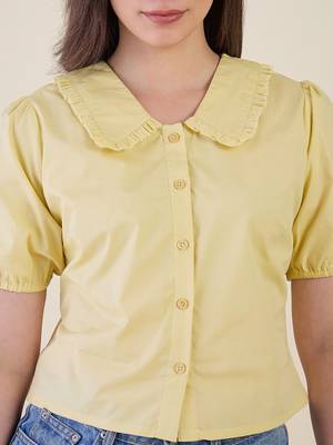 Women’s yellow solid top with ruffle peter pan collar & puff sleeves | stylish casual & party wear blouse 4