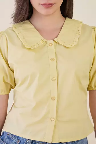 Women’s yellow solid top with ruffle peter pan collar & puff sleeves | stylish casual & party wear blouse