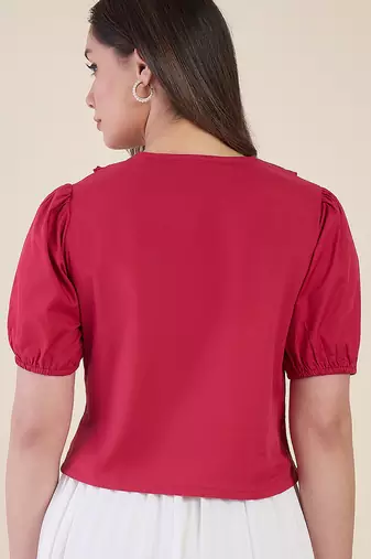 Women’s pink solid top with ruffle peter pan collar & puff sleeves | stylish casual & party wear blouse