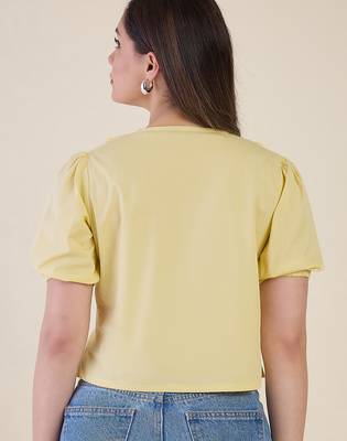 Women’s yellow solid top with ruffle peter pan collar & puff sleeves | stylish casual & party wear blouse 5