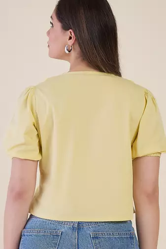 Women’s yellow solid top with ruffle peter pan collar & puff sleeves | stylish casual & party wear blouse