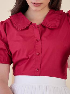 Women’s pink solid top with ruffle peter pan collar & puff sleeves | stylish casual & party wear blouse 5