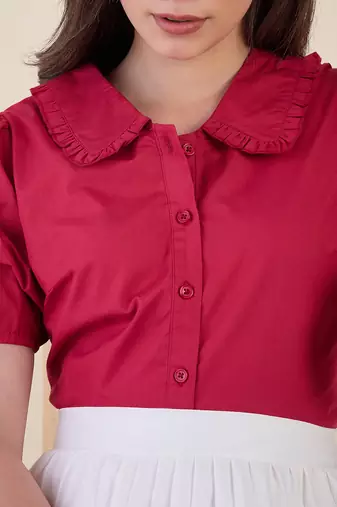 Women’s pink solid top with ruffle peter pan collar & puff sleeves | stylish casual & party wear blouse