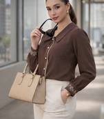 brown crepe shirt with lace detail & embroidered cuffs