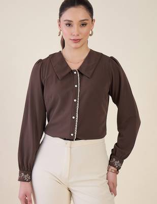 brown crepe shirt with lace detail & embroidered cuffs 2