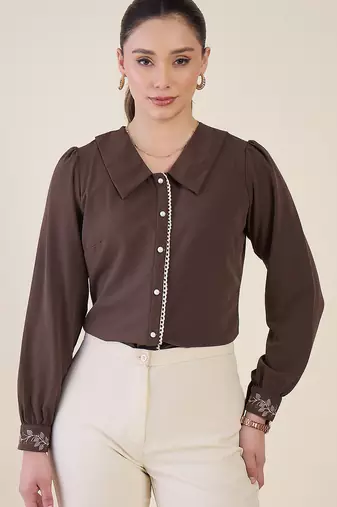 brown crepe shirt with lace detail & embroidered cuffs
