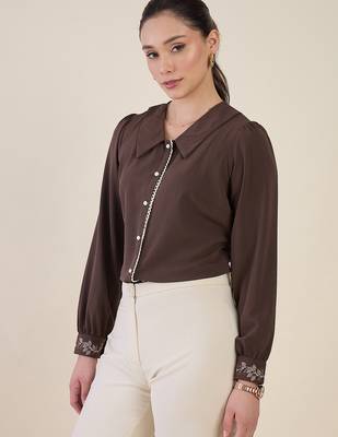 brown crepe shirt with lace detail & embroidered cuffs 3