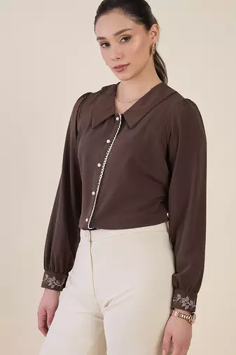 brown crepe shirt with lace detail & embroidered cuffs