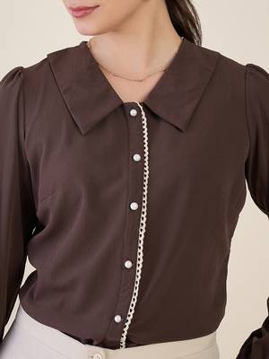 brown crepe shirt with lace detail & embroidered cuffs 4