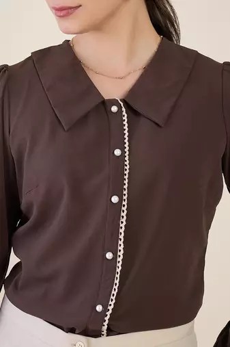 brown crepe shirt with lace detail & embroidered cuffs