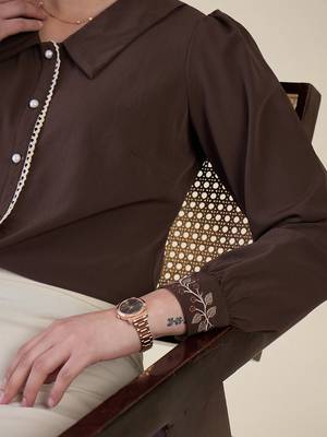 brown crepe shirt with lace detail & embroidered cuffs 5