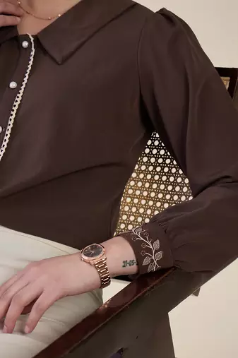 brown crepe shirt with lace detail & embroidered cuffs