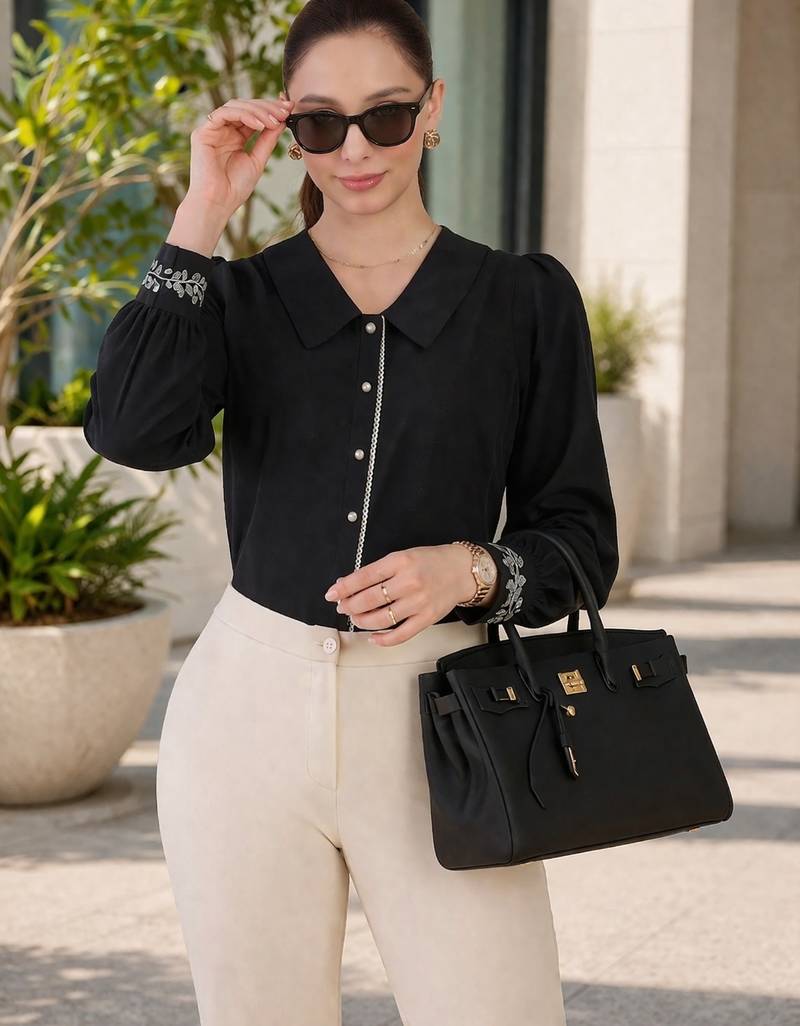 black crepe shirt with lace detail & embroidered cuffs