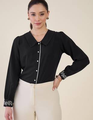 black crepe shirt with lace detail & embroidered cuffs 2