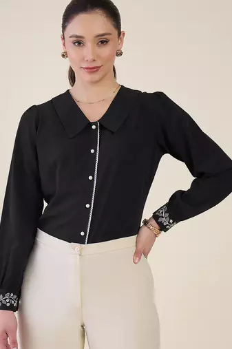 black crepe shirt with lace detail & embroidered cuffs