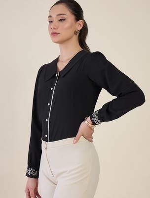 black crepe shirt with lace detail & embroidered cuffs 3