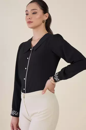 black crepe shirt with lace detail & embroidered cuffs