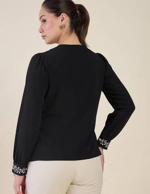 black crepe shirt with lace detail & embroidered cuffs 4