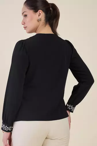 black crepe shirt with lace detail & embroidered cuffs