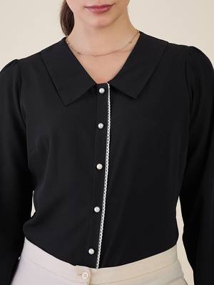 black crepe shirt with lace detail & embroidered cuffs 5