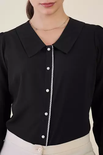 black crepe shirt with lace detail & embroidered cuffs