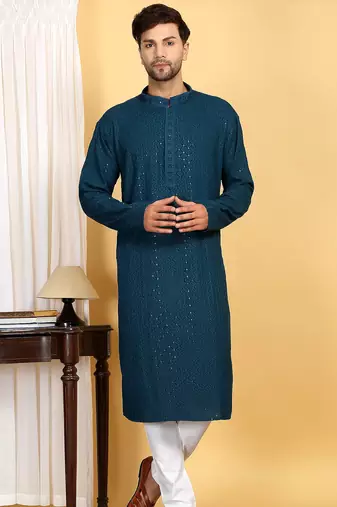 Elegant teal green kurta set with sequins detailing