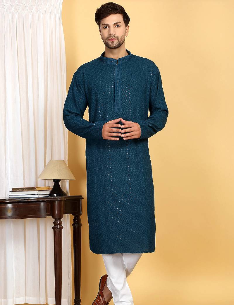 Elegant teal green kurta set with sequins detailing
