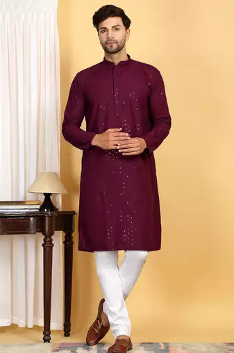 Maroon wine color embroidered kurta set with sequins highlights