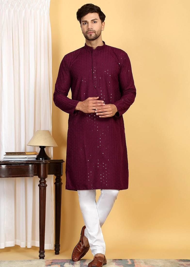Maroon wine color embroidered kurta set with sequins highlights
