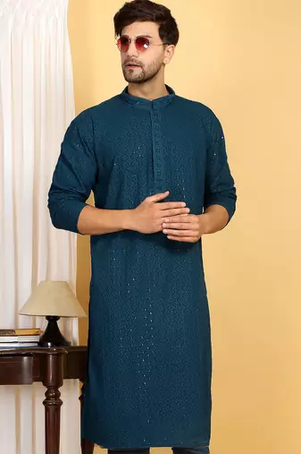 Elegant teal green kurta set with sequins detailing
