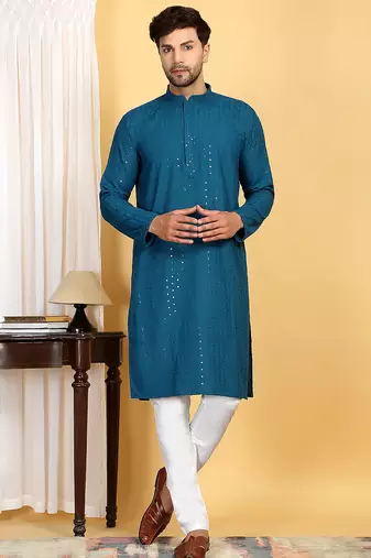 Turquoise embroidered kurta set with sequins highlights