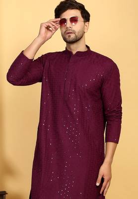wine color embroidered kurta set with sequins highlights 2
