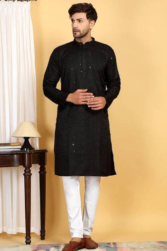 Black embroidered kurta set with sequins highlights