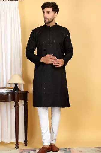 Black embroidered kurta set with sequins highlights